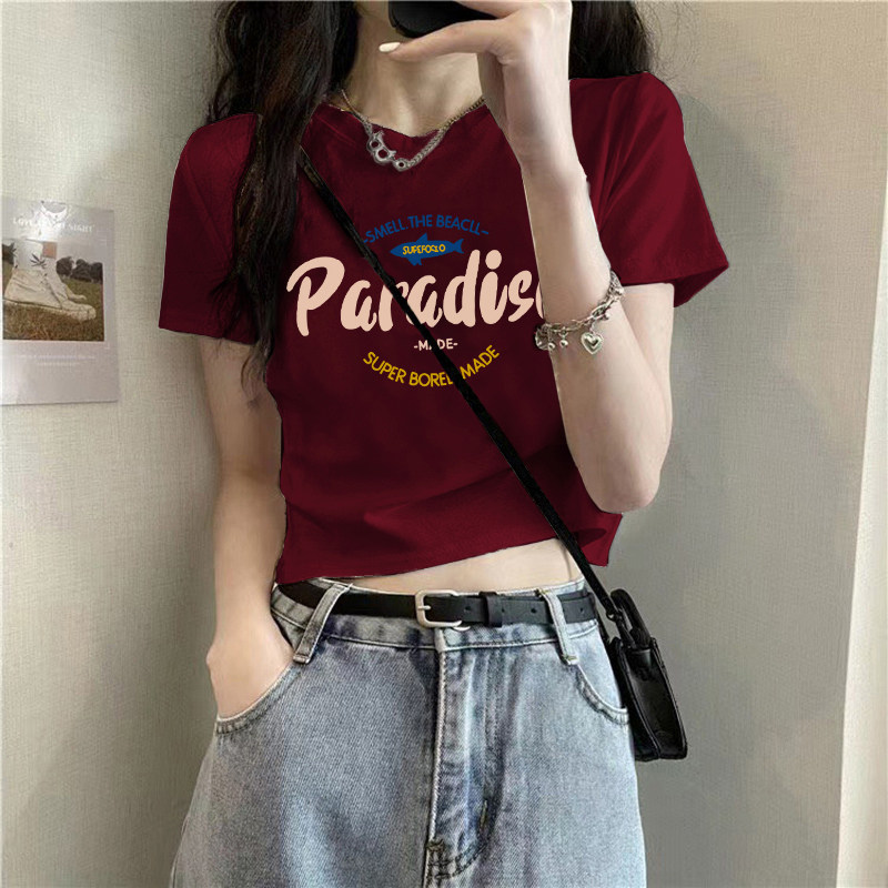 酒红色短袖t恤女夏季正肩图片