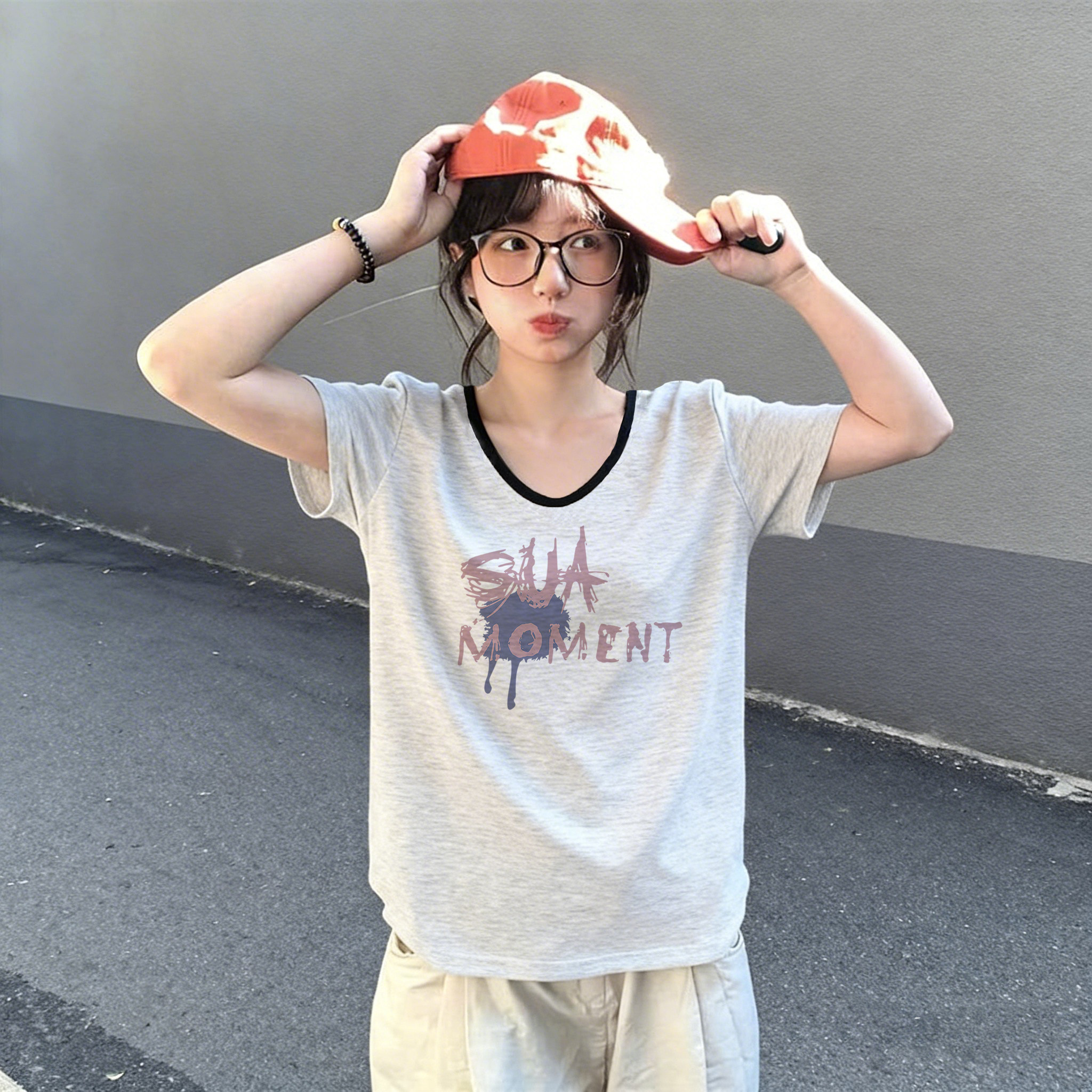 正肩t恤短袖女2026新款夏天大码宽松显瘦多巴胺穿搭v领短款小上衣