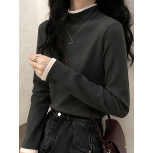 双面德绒打底衫女可外穿2025新款秋冬半高领内搭磨毛灰色长袖上衣