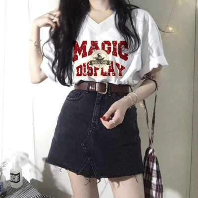夏日多巴胺穿搭v领纯棉短袖t恤女装宽松大码正肩上衣显瘦夏季新款