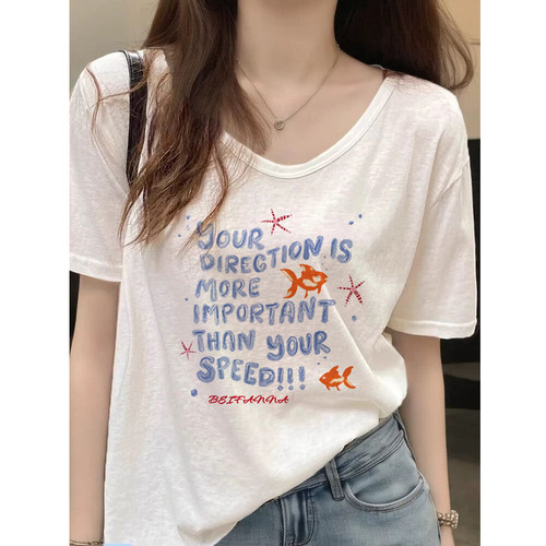 竹节棉白色短袖t恤女v领上衣