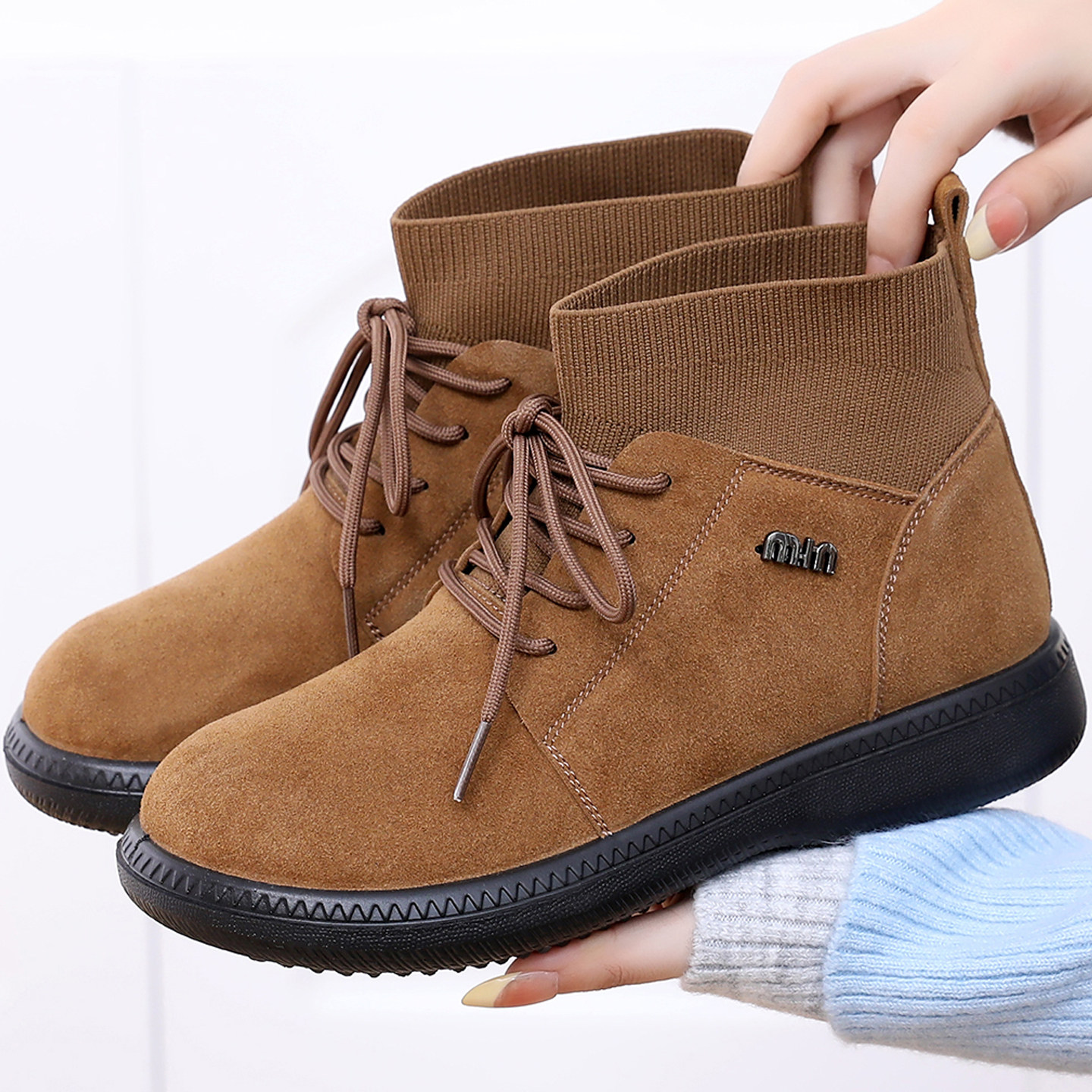 老北京布鞋加绒靴子冬季仿磨砂女系带保暖马丁靴软底防滑时尚短靴,女鞋,马丁靴,淘宝优惠券,粉丝福利购,淘宝优惠卷