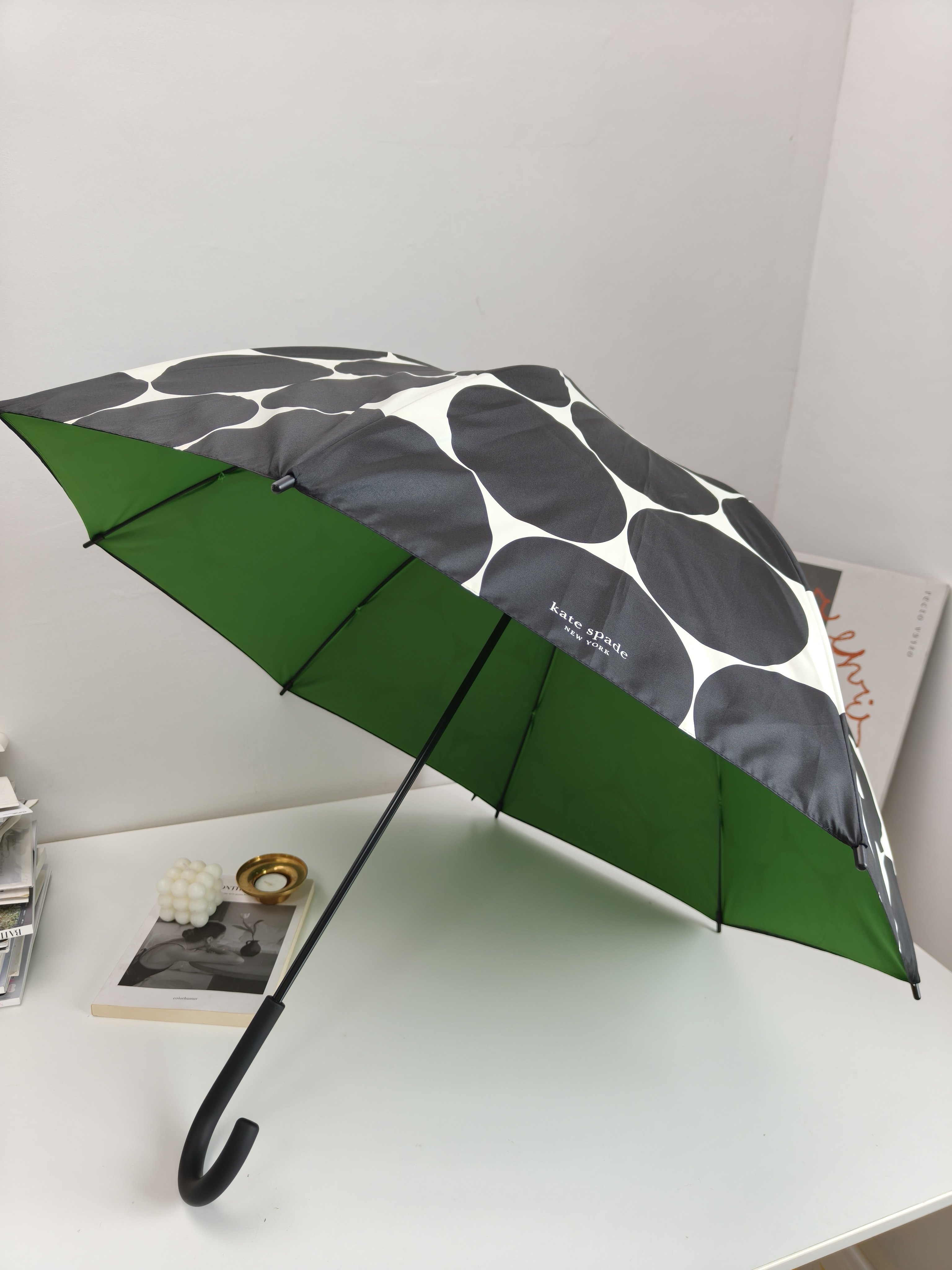 出口美国KS双层伞布直柄手开雨伞复古大圆波点撞色KATE外贸尾单图片