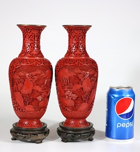 出口创汇期朱砂雕漆剔红山水纹饰花瓶一对 北京雕漆 古董 1147