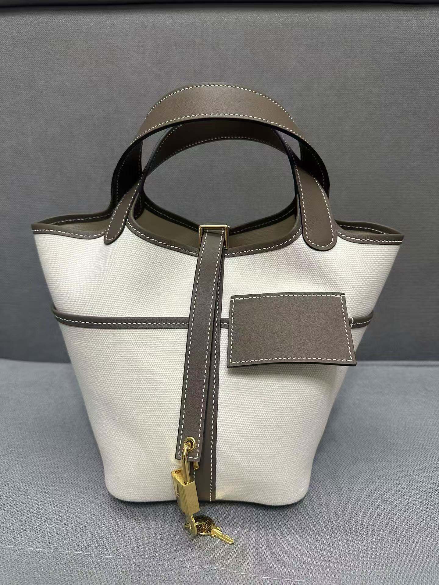 thumbnail for Pure handmade wax line vegetable basket 18CM women's bag cargo canvas patchwork swift leather bucket versatile portable bucket bag