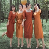 茉野婚纱花树系列「欧月」红橙色系伴娘裙姐妹复古连衣裙礼服