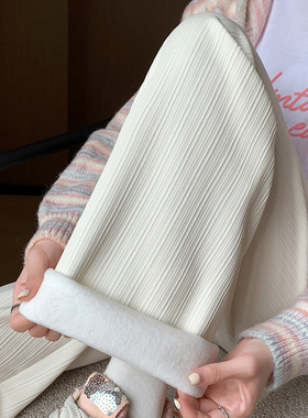 H389窄版竖条纹加绒阔腿裤女秋冬新款宽松显瘦高腰垂感直筒休闲裤