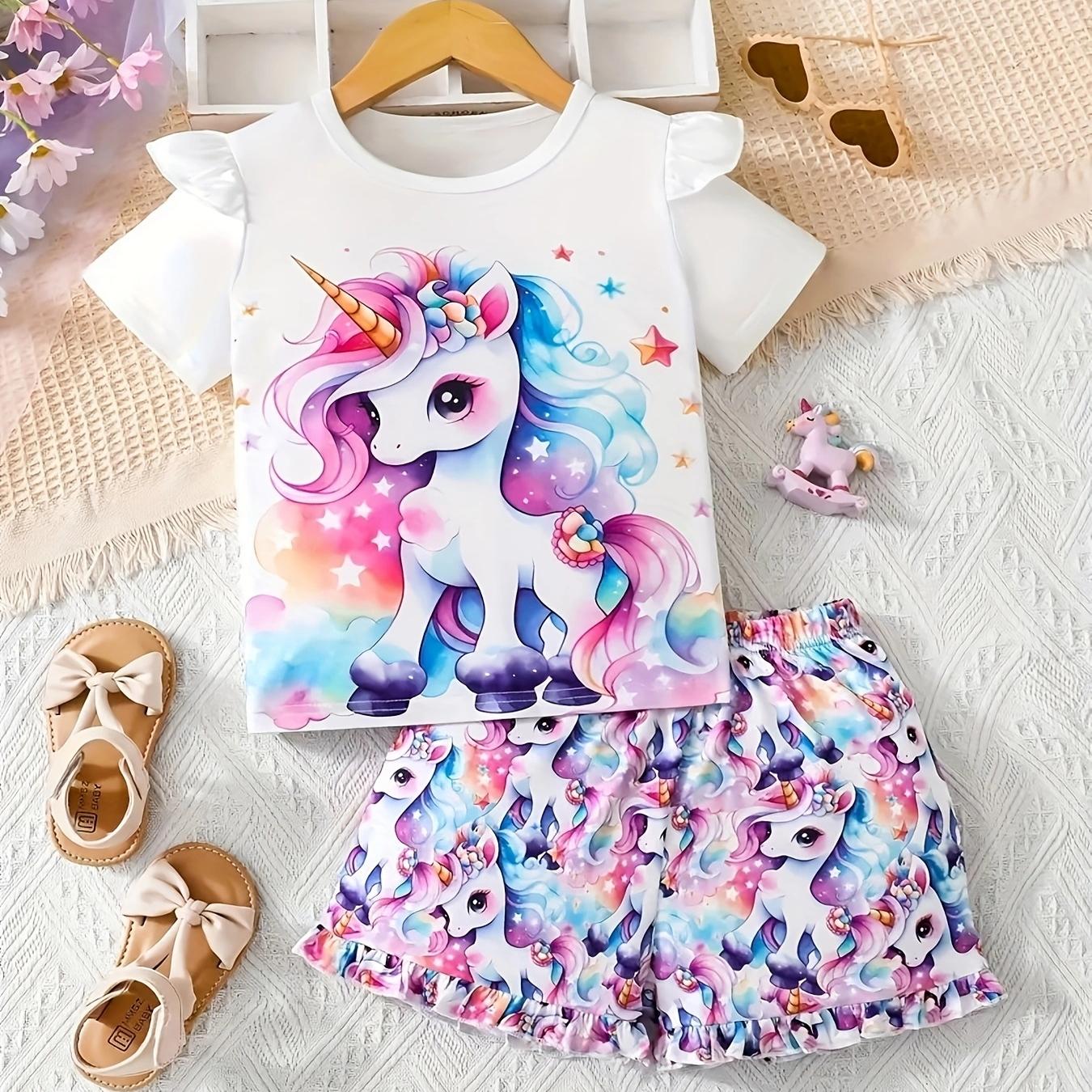 外贸INS婴幼小童女宝宝夏季款卡通马儿印花短袖上衣满印短裤套装