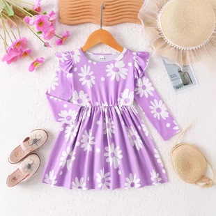 外贸INS婴幼小童女宝宝春秋款圆领飞袖小邹菊印花长袖收腰连衣裙