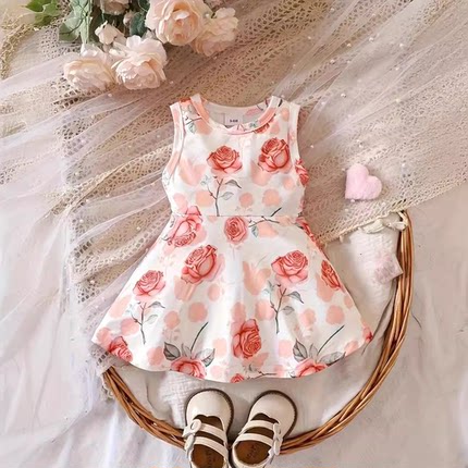 外贸INS婴幼儿女宝宝夏季款无袖玫瑰花朵印花圆领收腰可爱连衣裙