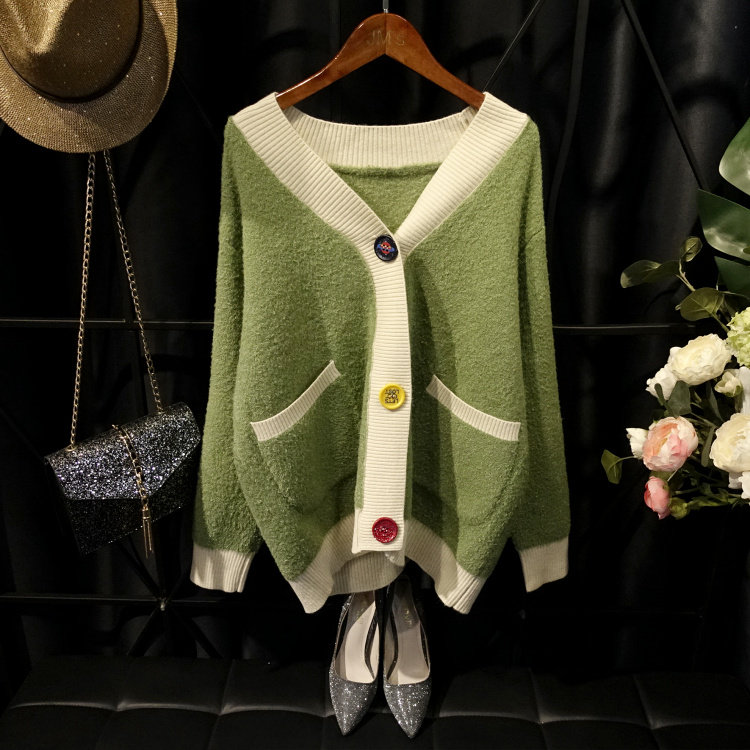 欧洲站新品chic女神甜美可爱糖果色撞色拼接宽松慵懒毛衣外套