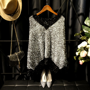 chic女神亮丝闪闪针织衫 洋气V领撞色拼接宽松显瘦百搭毛衣女 韩版