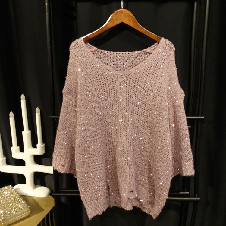 ins新品破洞针织衫亮丝bling闪亮晶晶镂空中袖上衣宽松显瘦性感女
