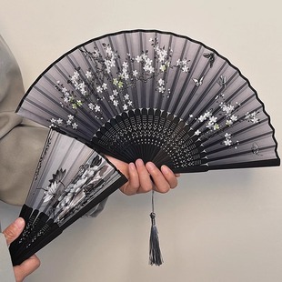 夏天扇子折扇国风新中式 古风小扇子黑色简约耐用儿童竹扇随身携带