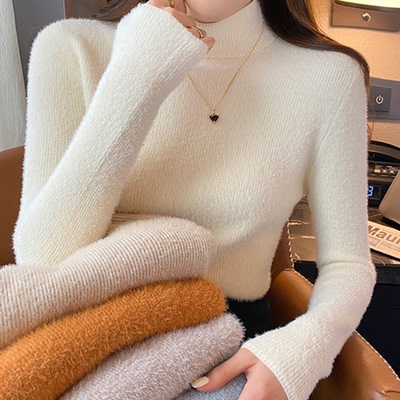 水貂绒女毛衣冬季高领白色打底衫内搭加绒加厚2025新款针织衫上衣