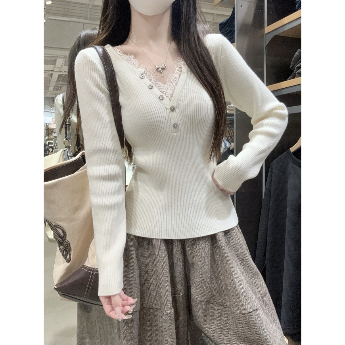 实拍实价秋冬韩版纯欲气质半开领蕾丝拼接安迪绒内搭针织衫上衣