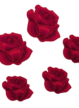 大小号刺绣红色玫瑰花布贴补丁贴自粘背胶羽绒服包包修补破洞贴花