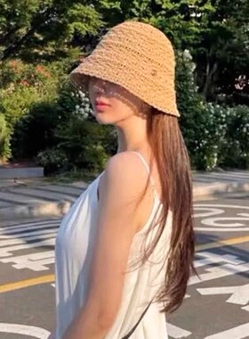 2025夏季新品遮阳帽子女韩国东大门编织镂空出游开叉防晒帽渔夫帽