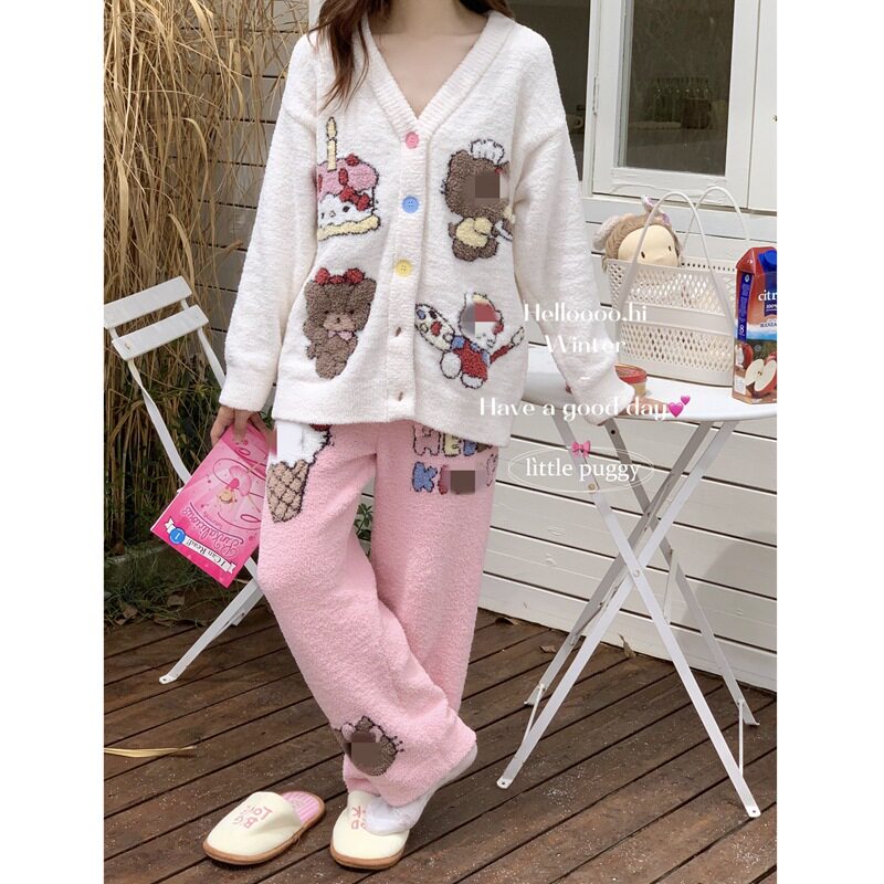 Reefur Rinka梨花家半边绒睡衣女冬季加厚保暖KT猫开衫家居服套装