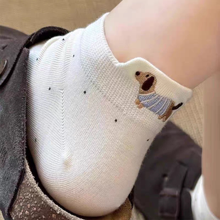 薄款 白色袜子女短袜夏季 纯棉ins潮可爱卡通小狗刺绣浅口短筒袜夏