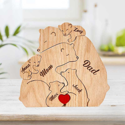 跨境新品木质拼图盘腿熊一家人套