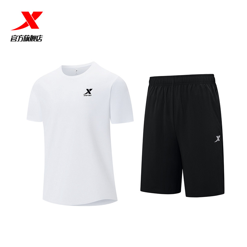 特步速干运动套装男春夏男士半袖运动服跑步爸爸冰丝短袖t恤短裤