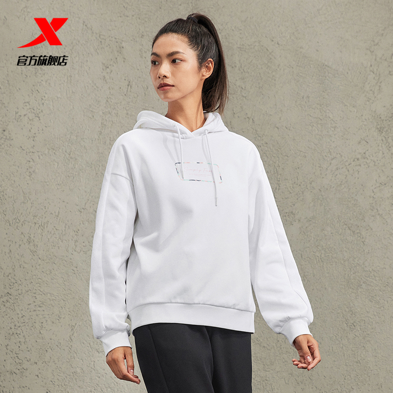 特步加绒女连帽卫衣加厚保暖