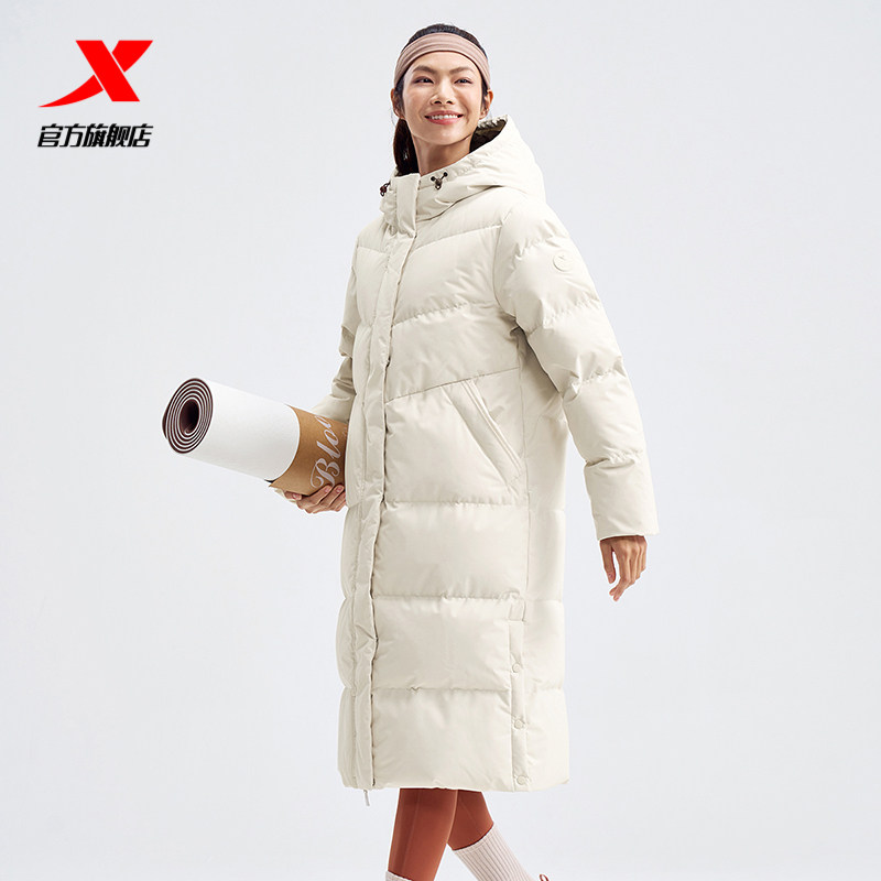 特步迎寒跃冬连帽中长款羽绒服女款冬季新款保暖外套976428640135