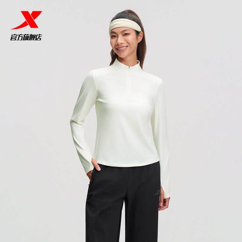 特步半拉链修身运动卫衣女款2025秋季休闲长袖针织衫975328030410