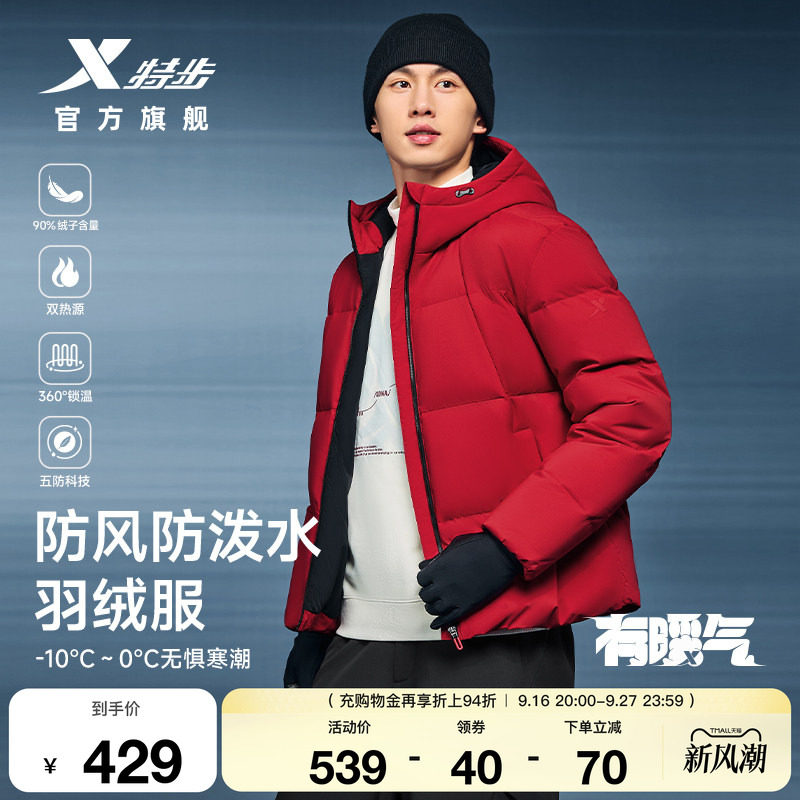 羽翼有暖气保暖防风连帽羽绒服男