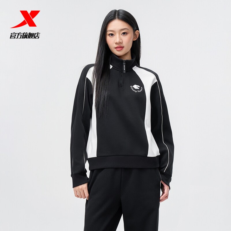 特步套头卫衣女士2025秋冬新款立领百搭休闲拼色上衣975428920243