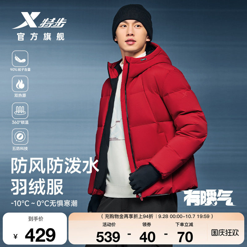羽翼有暖气保暖防风连帽羽绒服男