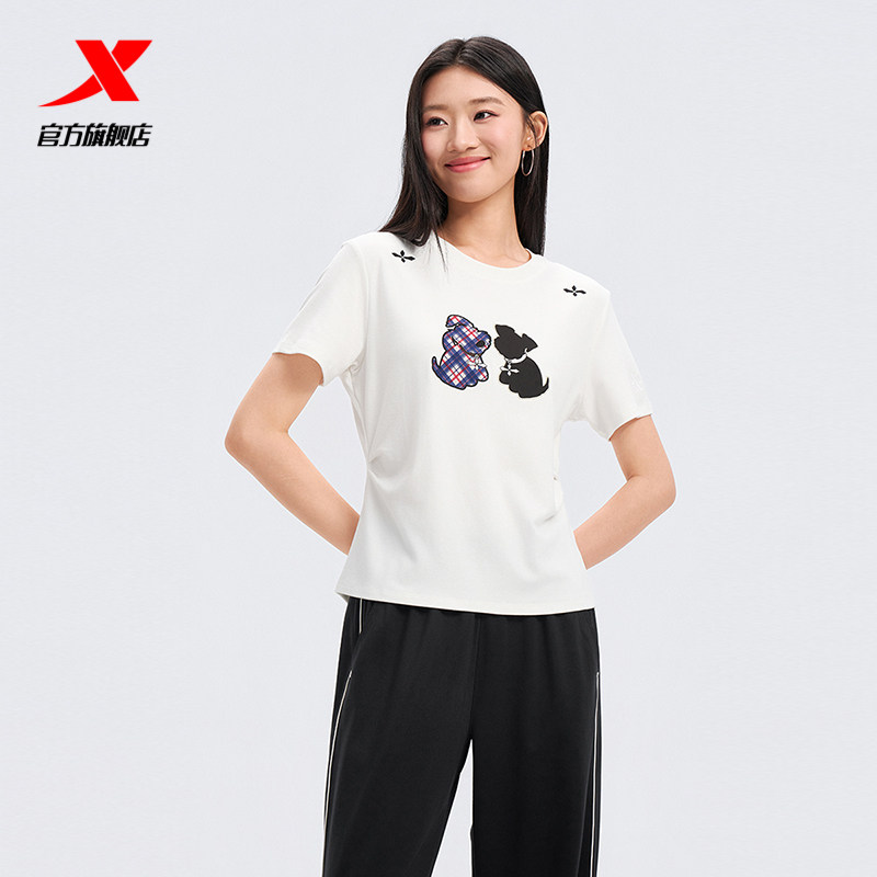 特步女夏季动物图案紧身短袖T恤