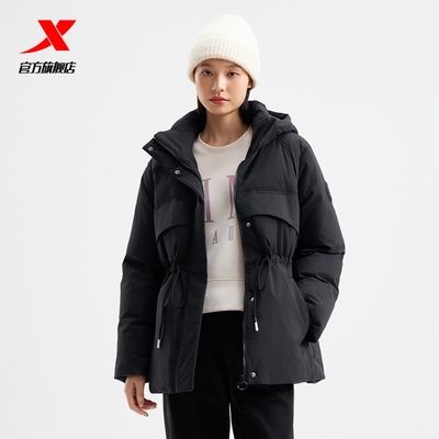 特步羽绒服女装2024冬季新款休闲宽松中长款连帽外套976428190219