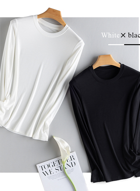 早春款含桑蚕丝罗纹长袖T恤女上衣纯色法式蓝圆领修身内搭XCX0618