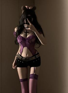 辣妹复古紫色性感蕾丝吊带背心时尚超短热辣紧身短裤时尚套装