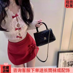 显瘦上衣红色高腰短裙套装 修身 秋 性感辣妹V领镂空蝴蝶结开衫 韩式