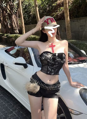 别致蕾丝设计感吊带背心美拉德辣妹y2k低腰性感PU皮超短裤套装