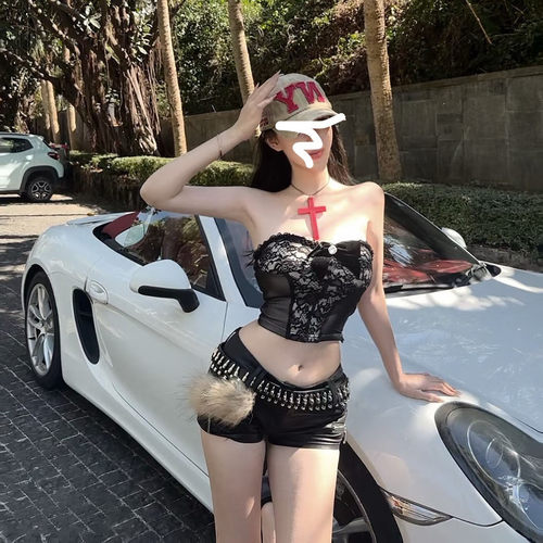 别致蕾丝设计感吊带背心美拉德辣妹y2k低腰性感PU皮超短裤套装