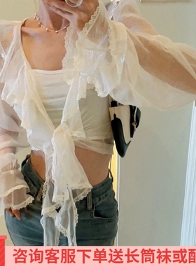 辣妹长袖荷叶边雪纺衫女夏薄款绑带防晒罩衫短款白色外搭开衫上衣