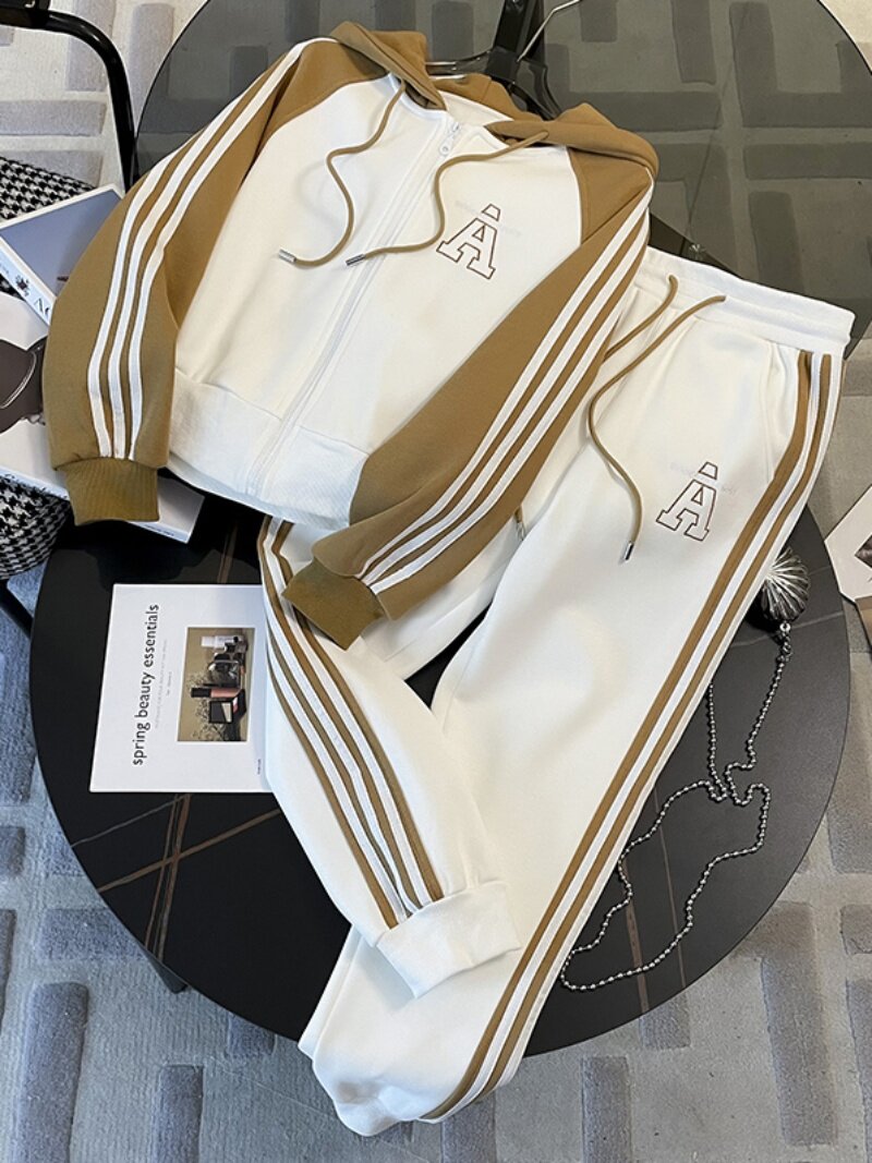 여성을위한 XIAOXIANGFENG 패션 캐주얼 정장 봄과 가을 새로운 세련된 하이 엔드 후드 재킷 스포츠 바지 투피스 세트