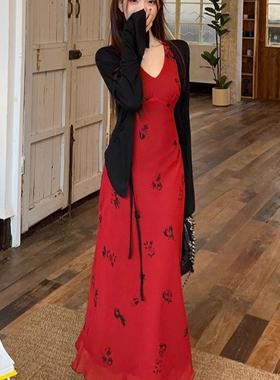 Do kiee超好看红色吊带v领新时尚2024新款女夏季收腰包臀法式裙子