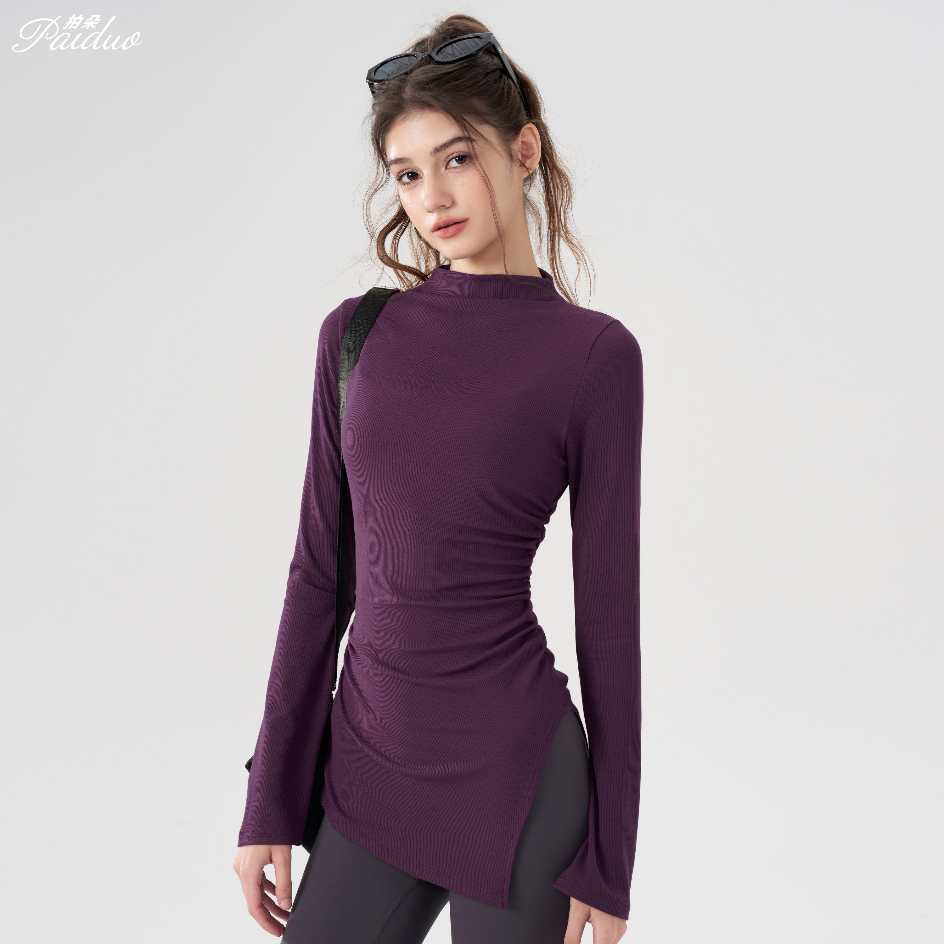 拍朵半高领瑜伽服女紧身显瘦遮臀运动喇叭长袖罩衫普拉提训练上衣,运动服/休闲服装,健身衣,淘宝优惠券,粉丝福利购,淘宝优惠卷