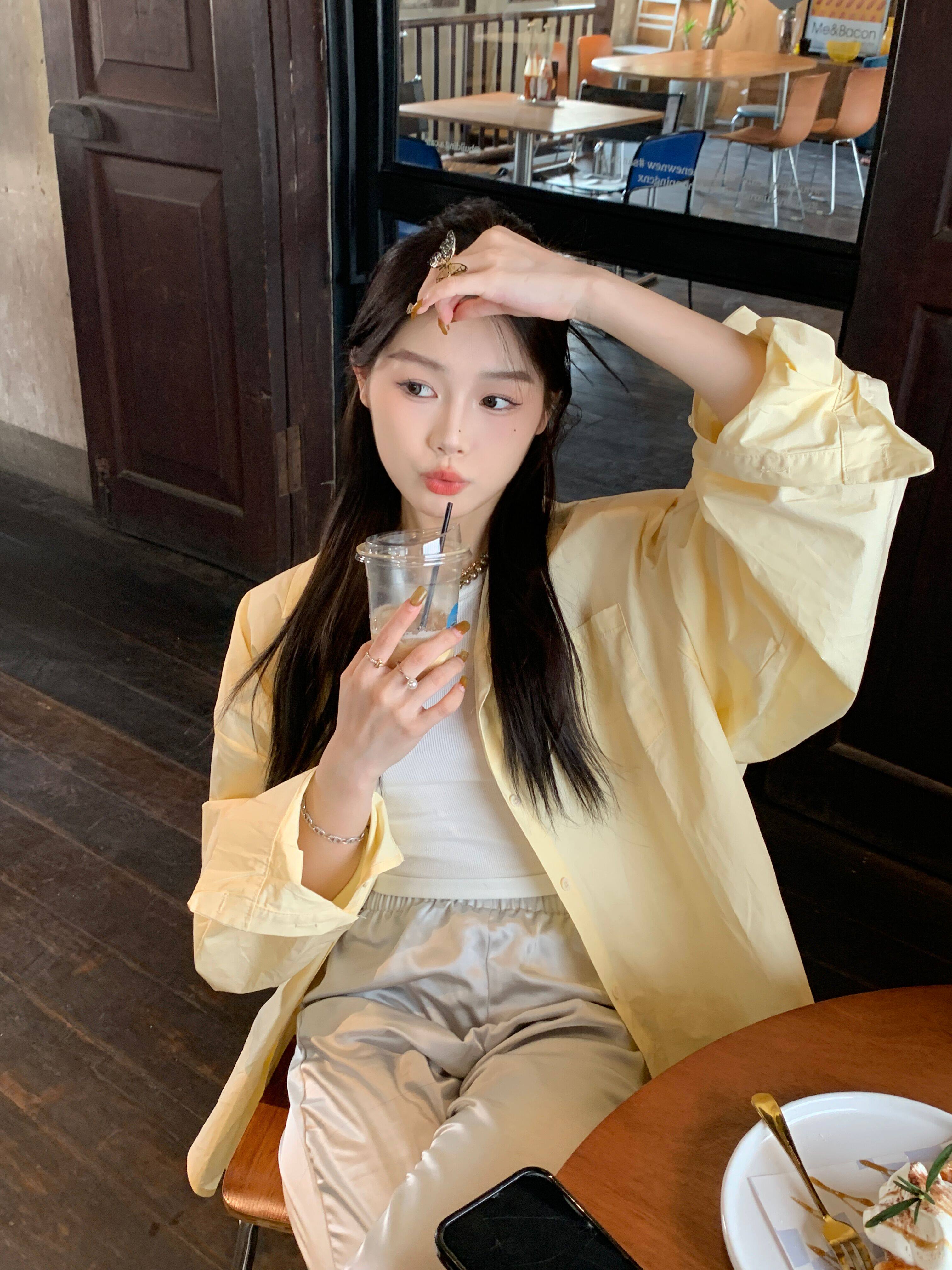 XIAOANQI鹅黄色春夏衬衫女慵懒风宽松垫肩设计感上衣百搭白色防晒