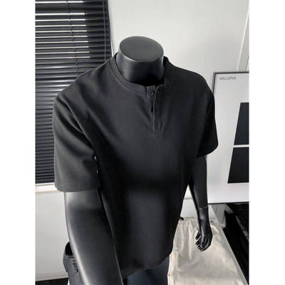 黑色重磅亨利领t恤男夏季华夫格痞帅正肩短袖美式高街修身五分袖