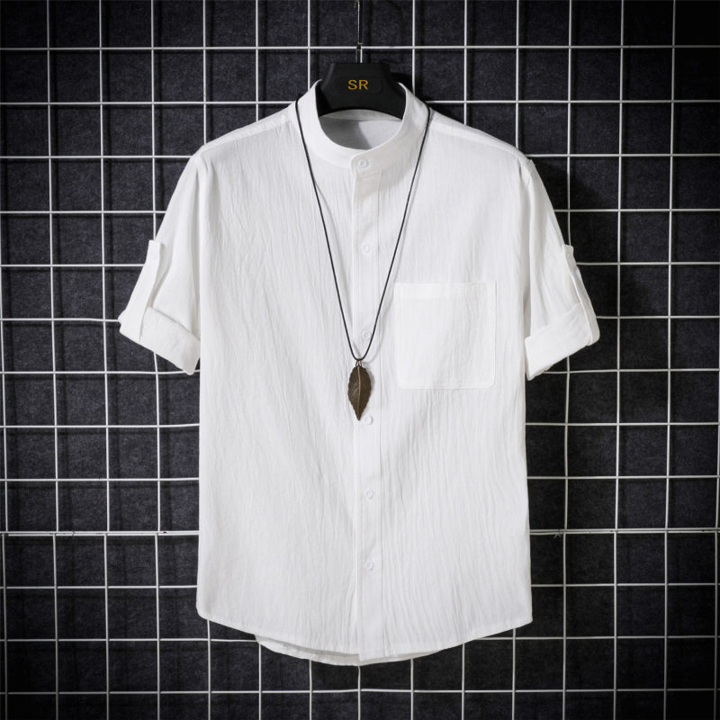 新中式轻国风大号亚麻衬衫男款春夏V领衬衣棉麻中山装短袖T恤上衣