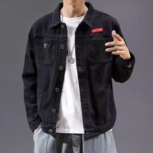 黑色牛仔外套男春秋季美式复古宽松大码休闲夹克韩版潮流工装上衣