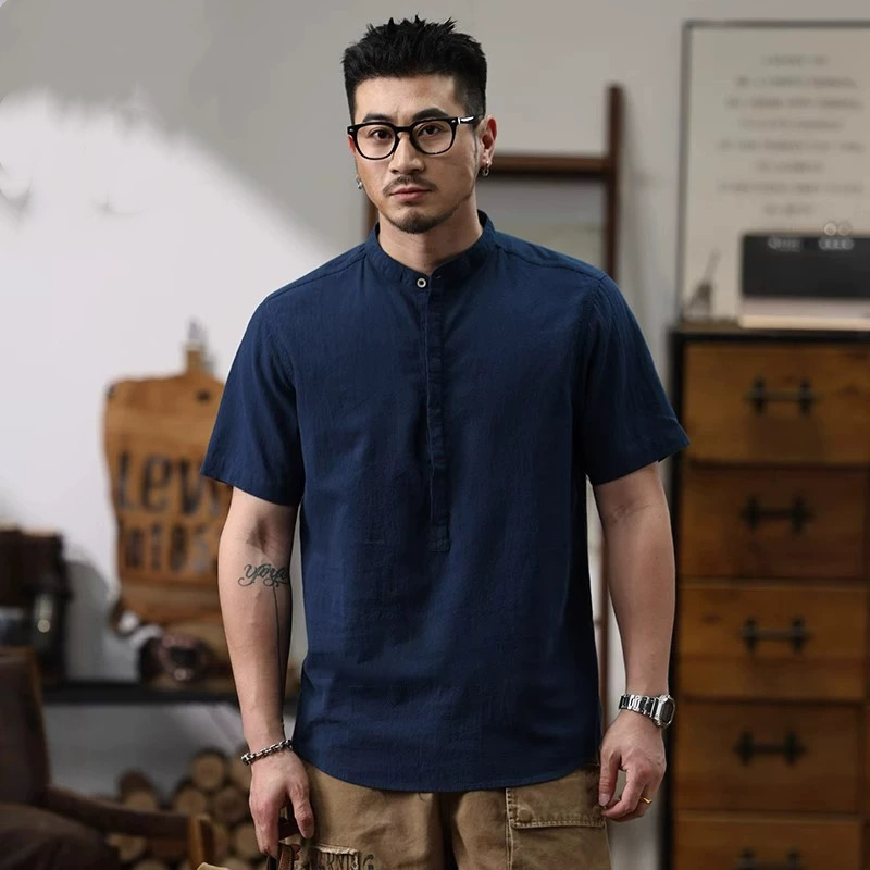 亨利领亚麻短袖衬衫男无领男士棉麻衬衣t恤上衣polo衫夏季中国风
