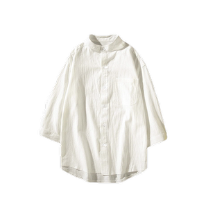 日系立领棉麻衬衫男士休闲麻布料长袖上衣服秋冬季圆领亚麻衬衣潮