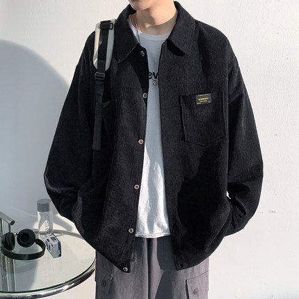 灯芯绒夹克男春秋季休闲衬衫领上衣服男生秋装加绒加厚棒球服外套